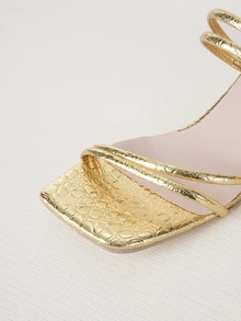 Clariva Women's New Fashion High Heel Slides, Versatile Gold Strap Double Strap Open Toe Square Toe Chunky Heel Sandals,Spring Summer Outfits - Gold - View 5