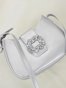 Clariva Mini Shoulder Bag With Rhinestone Decor Armpit Pouch, Multifunctional And Fashionable Rhinestone Sparkle Saddle Underarm Bag, PU Leather Texture Wallet Clutch Multifunctional Baguette Bag - Silver - View 5
