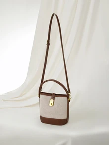 Clariva 1pc Fashionable Color Block Canvas Bucket Bag With Adjustable Shoulder Strap - Multicolor - View 3