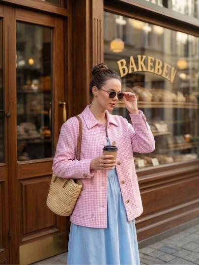 Áo khoác nữ thường ngày, áo khoác vải tweed kẻ caro thanh lịch, đa năng, có túi, phù hợp cho công sở, hàng ngày, hẹn hò, mùa xuân.