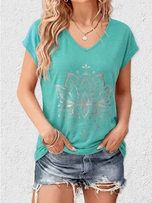 2pcs V-Neck Solid Color T-Shirts, Casual Short Sleeve Tees For Women, Spring & Summer - Multicolor - View 2