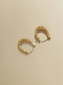 NobleVue 1 Pasang Anting Hoop Wanita Minimalis Dua Lapis Mewah dengan Nuansa Logam Unik dan Desain Niche yang Dipersonalisasi - Yellow Gold - View 2