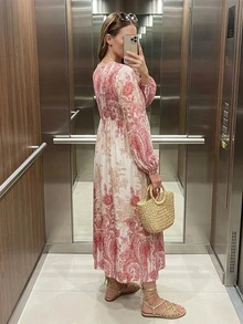 Women's Bohemian Vintage Elegant Long Sleeve Round Neck Dress, Fluffy And Gentle Summer Dress Spring Red - Red - View 2