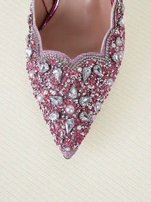 Clariva Fall/Winter Pink Elastic Strap Back Rhinestone Women's Sandals, Pointed Toe Backless Square High Heel Shoes, Unique Design,Elegant,Party - Pink - View 4