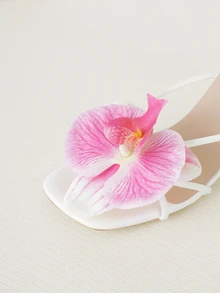 Clariva French Square Toe Elegant Solid Color Vacation Fashion Beach Goddess PU Leather Floral Decor Gentle Goddess Vacation Style Thin High Heel Sandals, Suitable For Beach, Holiday, Heeled Sandals, Sandals For Women, Wedding, Summer,Kitten Heels - Hot Pink - View 5
