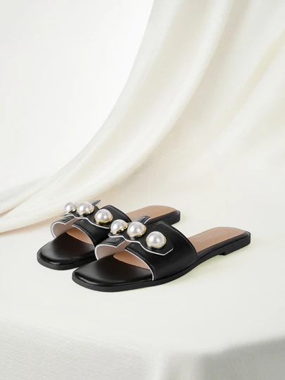 Clariva Women Faux Faux Pearl Flat Slippers, Fashionable Open Toe Non-Slip Solid Color Slides, Outdoor Versatile Sandals,Spring Summer Outfits