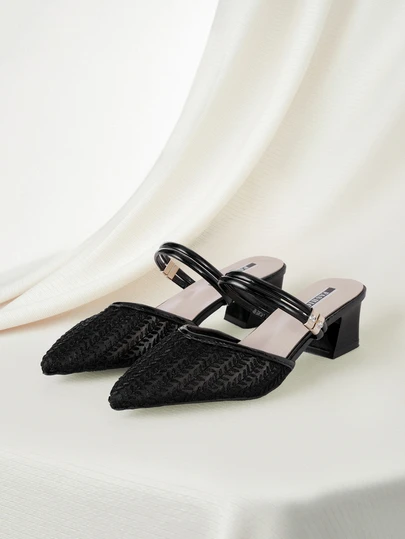 Clariva Women Braid Detail Slingbacks, Mesh Point Toe Chunky Heeled Elegant Pumps, Elegant, Mule, Elegant