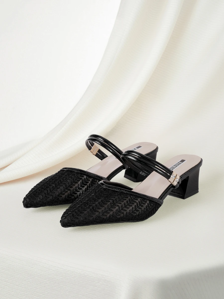 Clariva 女士编织细节露跟鞋，网眼尖头粗跟优雅高跟鞋，优雅，穆勒鞋，优雅 - 黑色 - 查看 1