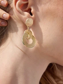 Textured Round Drop Earrings Wedding - Yellow Gold - View 5