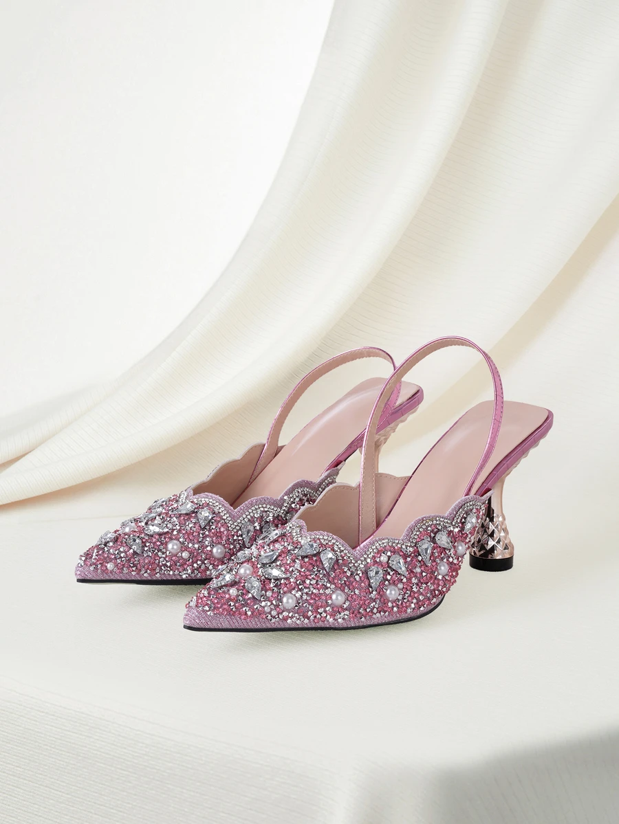 Clariva Fall/Winter Pink Elastic Strap Back Rhinestone Women's Sandals, Pointed Toe Backless Square High Heel Shoes, Unique Design,Elegant,Party - Pink - View 1