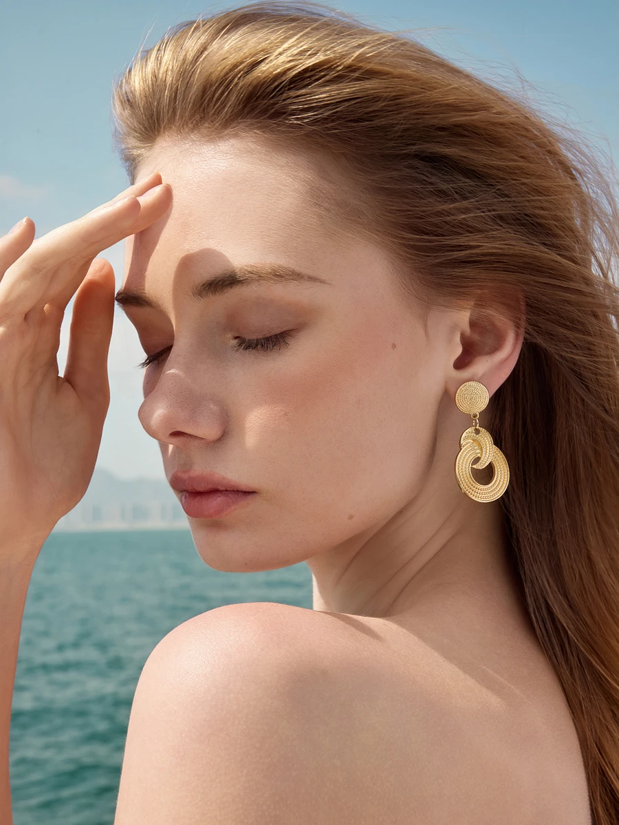 Textured Round Drop Earrings Wedding - Yellow Gold - View 1