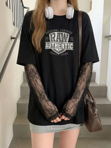Star River Girl Lace Patchwork Long Sleeve Round Neck Loose Knit Black Top, Sexy Date Top For Spring/Summer, Valentine's Day Casual - 2A10 Black - KJ0264 - View 3