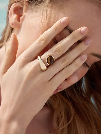 Glizzene 1 pieza Anillo grueso de metal decorado con piedra de ojo de tigre natural, para mujer boda