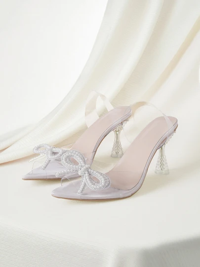 Clariva Peep Toe High Heel Sandals, Fashion Bowknot Transparent Sandals, Crystal High Heels, Formal Party Shoes With Pearl And Rhinestone Decor