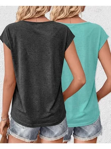 2pcs V-Neck Solid Color T-Shirts, Casual Short Sleeve Tees For Women, Spring & Summer - Multicolor - View 4