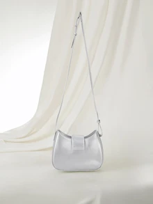 Clariva Mini Shoulder Bag With Rhinestone Decor Armpit Pouch, Multifunctional And Fashionable Rhinestone Sparkle Saddle Underarm Bag, PU Leather Texture Wallet Clutch Multifunctional Baguette Bag - Silver - View 1