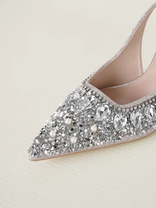 Clariva Gold Square Heel Closed Toe Sandals, New Summer Fashion Crystal Pointed High Heel Fairy Style Pearl Bridal Shoes For Women - Silver - View 5
