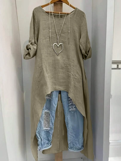 Blusa larga asimétrica de cuello redondo con mangas enrollables de unicolor para mujer de talla grande