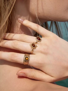 Glizzene Set de 3 anillos de piedra marrón retro para mujeres y niñas, con diseño asimétrico de sol en color dorado, anillos ajustables de moda, regalos de joyería para bodas - Marrón - Ver 4