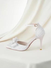 Clariva Zapatos de tacón alto beige, tela de lana gruesa, decoración de lazo de cristal de moda, punta afilada, correa de tobillo, tacón de aguja, estilo de hada, nueva llegada de primavera/verano, sandalias de tacón alto beige, tacón de gatito, tacones altos formales sexy, adecuados para vestidos y cheongsam - Beis - Ver 2