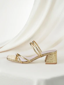 Clariva Women's New Fashion High Heel Slides, Versatile Gold Strap Double Strap Open Toe Square Toe Chunky Heel Sandals,Spring Summer Outfits - Gold - View 2