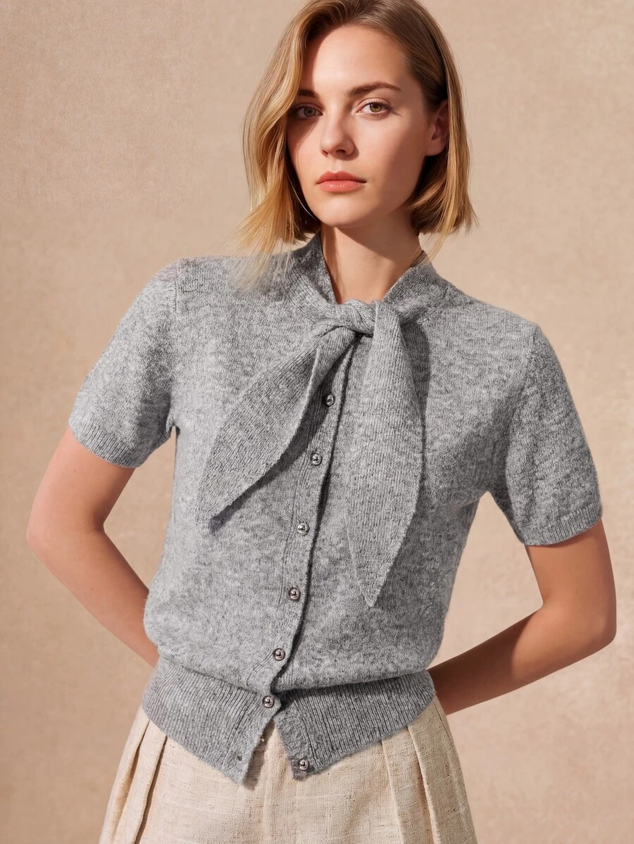女士纯色圆领短袖针织上衣，系领单排扣百搭针织衫，优雅春夏装扮 - 灰色 - 查看 1