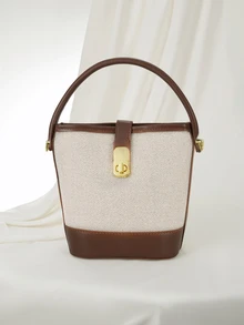 Clariva 1pc Fashionable Color Block Canvas Bucket Bag With Adjustable Shoulder Strap - Multicolor - View 1