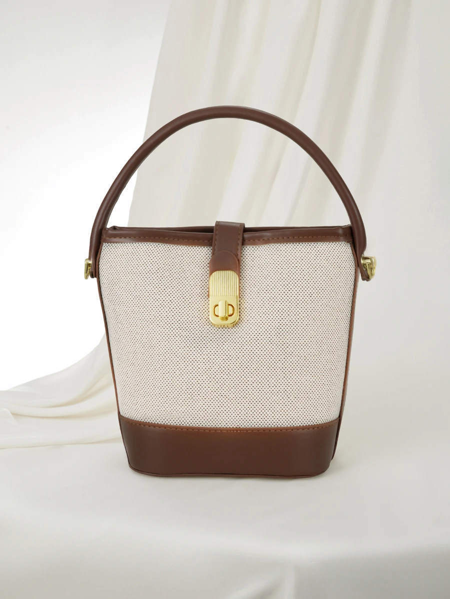 Clariva 1pc Fashionable Color Block Canvas Bucket Bag With Adjustable Shoulder Strap - Multicolor - View 1