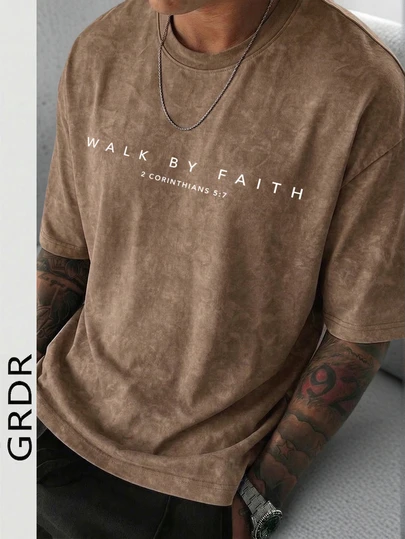  GRDR Men's Letter Print Washed Round Neck Short Sleeve T-Shirt, Comfortable & Breathable For Summer