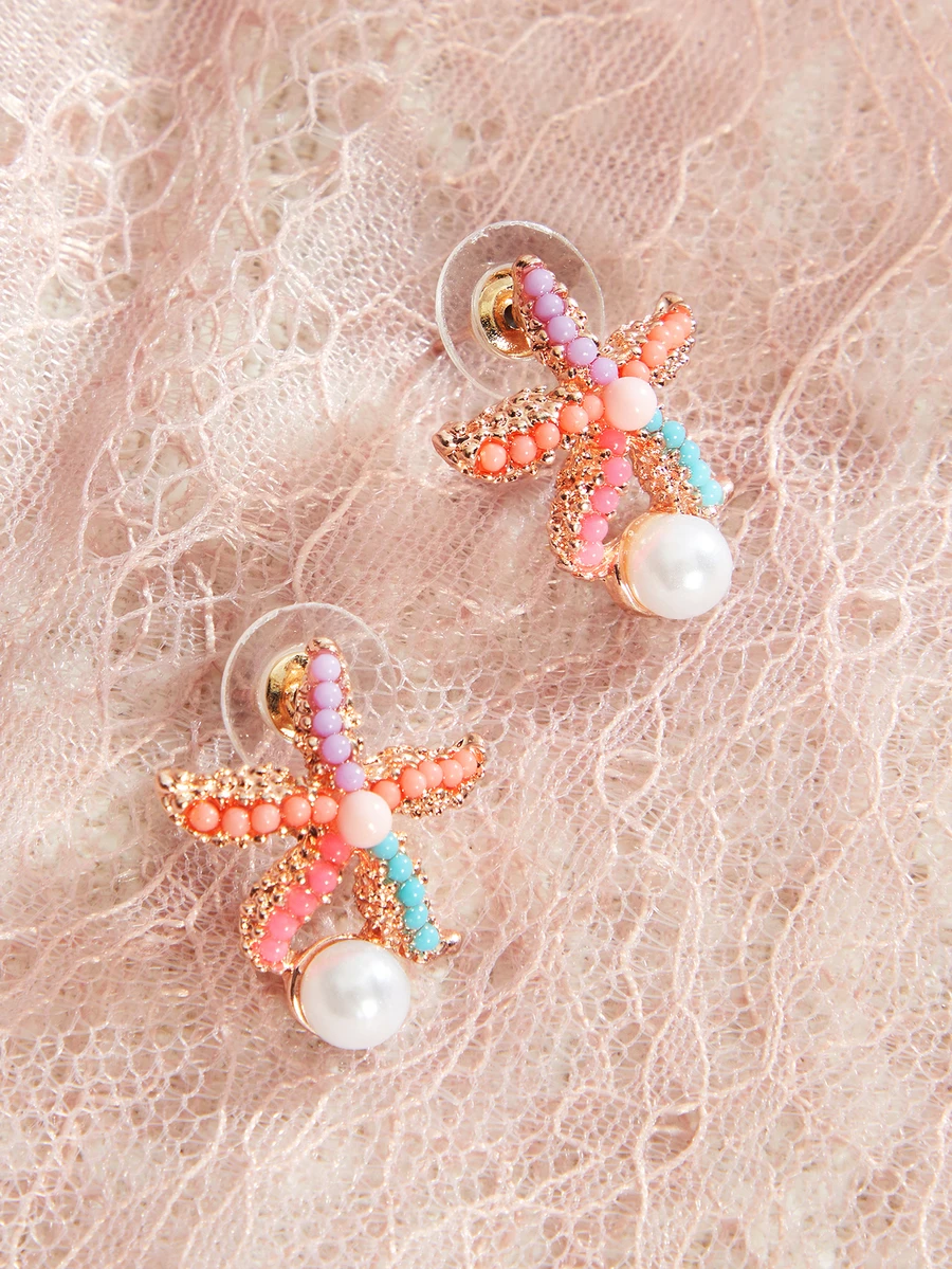 Rylithe 1pair Sweet Bohemian Style Colorful Starfish & Faux Pearl Earrings, Suitable For Women's Daily Travel, Beach Parties, Vacation, Etc. SummerOutfit,Festival Fits,Elegant Outfit - Colorful Starfish - View 1