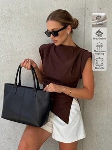 Áo sơ mi linen thanh lịch, giản dị, lãng mạn, quyến rũ, thích hợp cho hẹn hò, đi làm, đi nghỉ mát, trang phục mùa hè, áo kiểu đi chơi cho nữ. - màu nâu - Xem 1