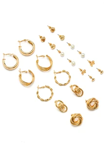 Rylithe 11Pairs/Set Faux Pearl & Heart Decor Earrings Valentines SummerOutfit,Festival Fits,Elegant Outfit - Yellow Gold - View 3