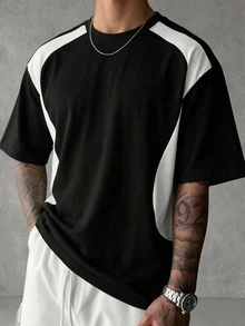 GRDR Men's Fashion Black & White Colorblock Loose Fit Short Sleeve T-Shirt - Black - View 4
