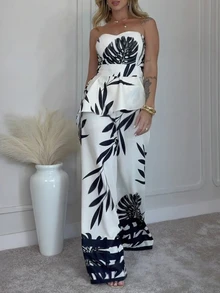 女士夏季节日沙滩连体裤 – 黑白树叶印花无肩带抹胸上衣搭配不规则宽松阔腿连体裤 - 白色 - 查看 2