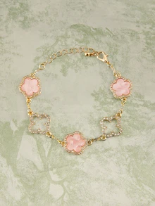 1pc Luxury Elegant Rhinestone Hollow Clover & Flower Charm Bracelet For Women (No Gift Box) SummerOutfit,Festival Fits,Elegant Outfit - Pink - View 1