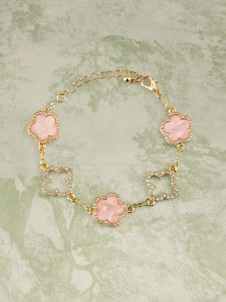 1pc Luxury Elegant Rhinestone Hollow Clover & Flower Charm Bracelet For Women (No Gift Box) SummerOutfit,Festival Fits,Elegant Outfit - Pink - View 1