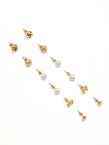 Rylithe 11Pairs/Set Faux Pearl & Heart Decor Earrings Valentines SummerOutfit,Festival Fits,Elegant Outfit - Yellow Gold - View 4
