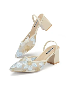 Rylithe Giày bít mũi cao gót màu trắng kiểu Trung Quốc mới, sandal xỏ ngón mũi nhọn thêu ren cho nữ, thanh lịch, giày bít mũi nữ, trang phục dự tiệc, trang phục mùa hè. - Màu xanh lam - Xem 4