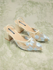 Rylithe Giày bít mũi cao gót màu trắng kiểu Trung Quốc mới, sandal xỏ ngón mũi nhọn thêu ren cho nữ, thanh lịch, giày bít mũi nữ, trang phục dự tiệc, trang phục mùa hè. - Màu xanh lam - Xem 7