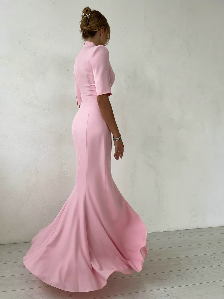 Elegant V-Neck Button Front Slit Dress, Casual Commuting Business Workwear Dress For Women, Pink Summer - Pink - View 1