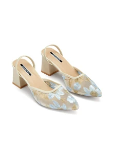 Rylithe Giày bít mũi cao gót màu trắng kiểu Trung Quốc mới, sandal xỏ ngón mũi nhọn thêu ren cho nữ, thanh lịch, giày bít mũi nữ, trang phục dự tiệc, trang phục mùa hè. - Màu xanh lam - Xem 2