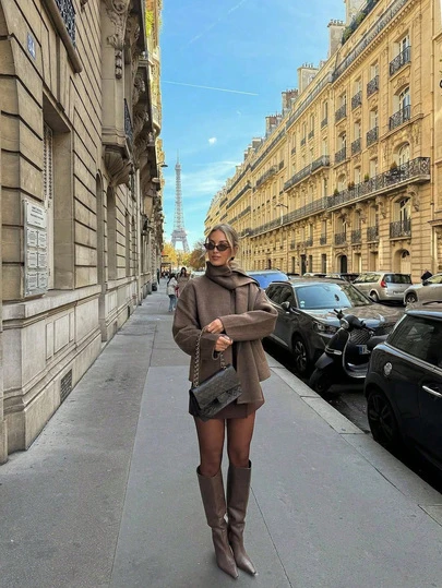 Women's Solid Color Drop Shoulder Long Sleeve Button-Up Jacket With Scarf, Fashionable And Comfortable