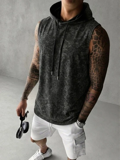  GRDR Men's Summer Hooded Solid Color Tank Top, Casual Sports Style, Fashionable And Minimalist For Summer Sports Outfits