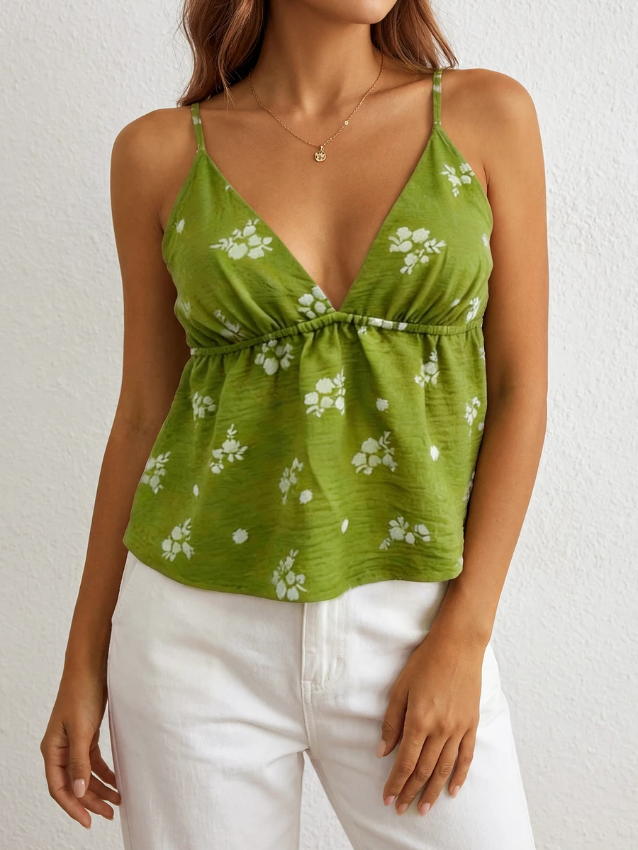 Áo hai dây cổ chữ V họa tiết hoa 3D màu xanh lá chanh dành cho nữ mùa hè - Màu xanh Ô liu - Xem 1