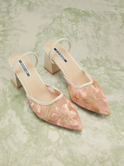 Rylithe 新款中国风白色高跟穆勒鞋，女士尖头蕾丝刺绣一脚蹬凉鞋，优雅，女士高跟鞋，优雅，派对装扮，夏季装扮，节日装扮，优雅套装