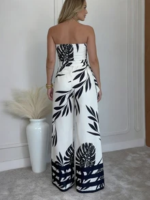 女士夏季节日沙滩连体裤 – 黑白树叶印花无肩带抹胸上衣搭配不规则宽松阔腿连体裤 - 白色 - 查看 5