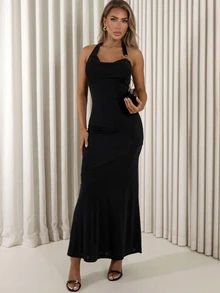 Đầm dự tiệc mùa hè màu đen thanh lịch, co giãn, cổ đổ với khóa chữ W bằng kim loại và thiết kế buộc dây phía sau. - màu đen - Xem 2