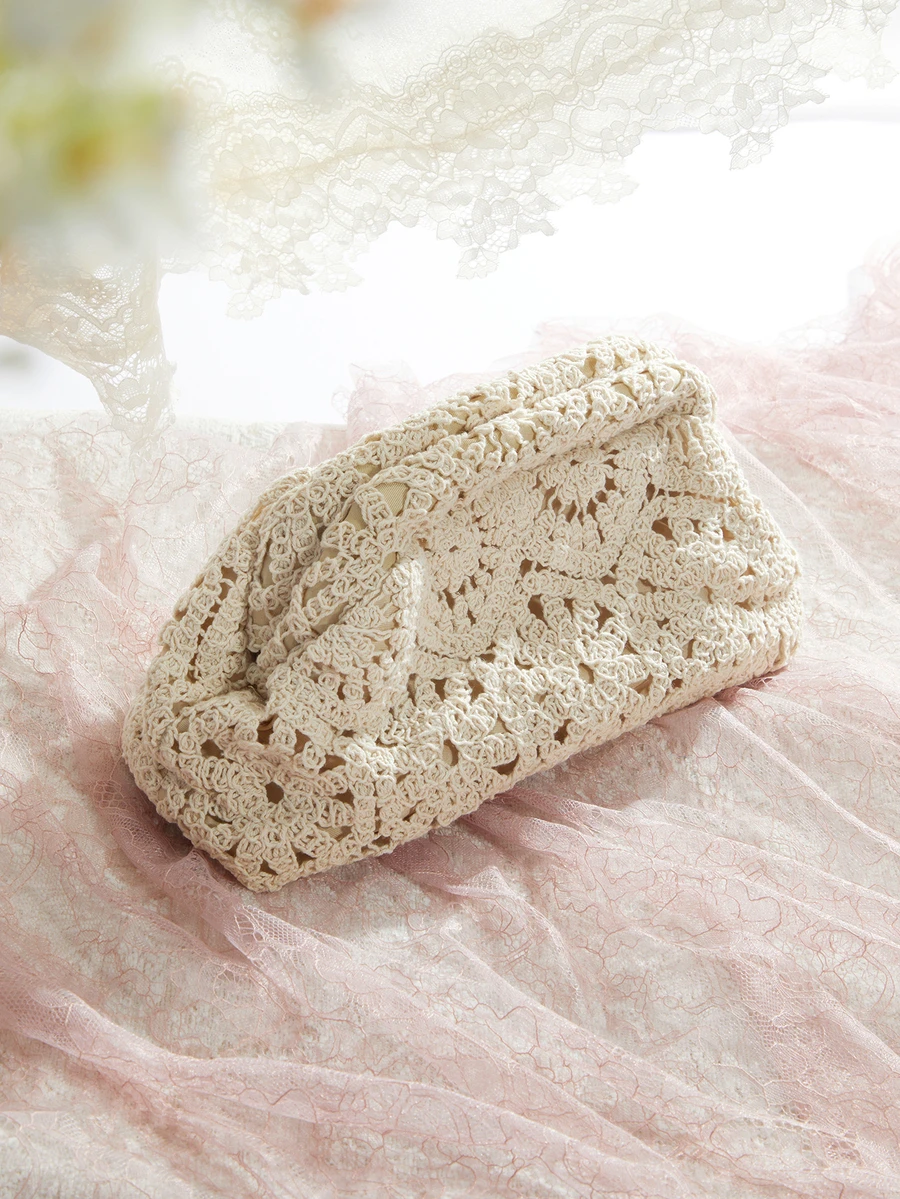 Rylithe 花卉镂空编织手提包、极简百搭手拿包、波西米亚风夹包、节日休闲包、派对化妆包、沙滩包（图案随机） - 杏色 - 查看 1