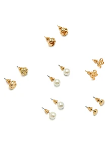 Rylithe 11Pairs/Set Faux Pearl & Heart Decor Earrings Valentines SummerOutfit,Festival Fits,Elegant Outfit - Yellow Gold - View 6