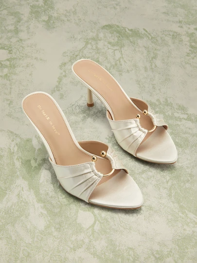 Rylithe Fall/Winter Women's Fashion Elegant Satin Pleated Metal Round Buckle Open Toe Outdoor Slippers High Heel Sandals, Suitable For Dresses In Summer, Elegant SummerOutfit,Festival Fits,Elegant Outfit